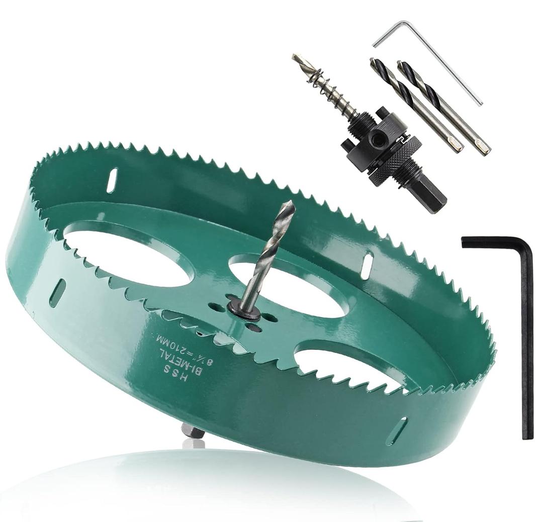 8-1/4 Inch / 210mm Hole Saw with Heavy Duty Arbor, 8.25 Inch Hole Saw HSS Bi-Metal Hole Cutter Smoothly Cutting in Cornhole Boards, Plastic, Wood, Fiberboard, Drywall