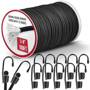 Marine Grade Heavy Duty Bungee Cord Roll with 12 Hooks - Black Elastic Shock Cord Kit for Kayak Deck, Outdoor Camping, Tarp Tie Downs, Bike Rack, DIY Assorted Bungee Ropes (1/4" x 100ft) - Amazon.com