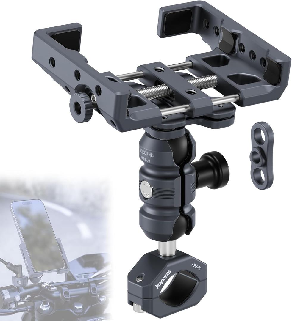 Motorcycle Phone Mount Kit, Anti-Theft Dual Socket Arm, 360 Rotate Phone Clip and Aluminum Handlebar Clamp Mount U-Bolt Base for Bike/ATV/Scooter Handlebar for 5.5-7" Smartphone (KPS-19)
