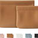 2 Pack Small Makeup Bag for Women, New Organosilicon Super Fiber PU Leather Mini Cosmetic Bag for Travel, Coin Purse Organizer Storage Pouch (Brown)