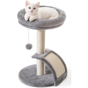 Small Cat Tree Tower with Scratching Post, Modern Kitten Tower for Indoor Cats, Short Carpet Sisal Cat Scratcher Stand with Large Bed Perch, Scratch Ramp, Toy Ball for Kitty Play (Grey)
