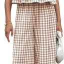 VATEAMI Womens 2 Piece Outfits Sets Gingham Plaid Sleeveless Ruffle Tank Tops and Wide Leg Pants Summer Matching Lounge Sets (Brown-M)