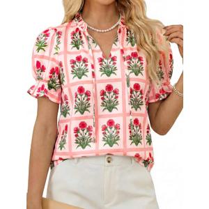 Tankaneo Women Summer Floral Ruffle V Neck Puff Sleeve Boho Tops (Red, L)
