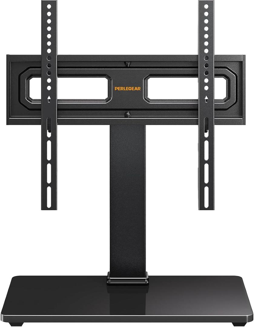 Perlegear TV Stand Mount, Universal Swivel TV Stand for 3265 Inch LCD/LED/OLED TVs up to 88 lbs, TV Legs with Tempered Glass Base, Height Adjustable TV Base Stand with Tilt, Max VESA 400x400mm (Deep Black)
