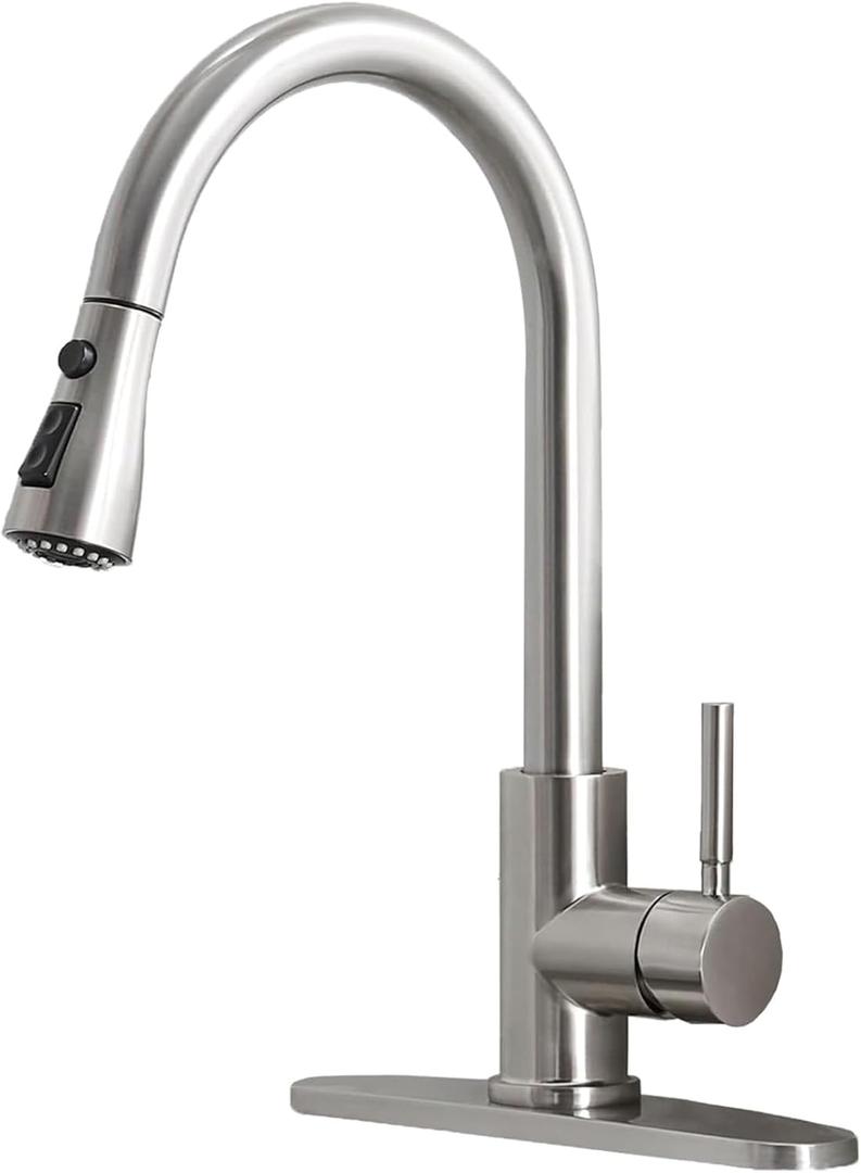Kitchen Faucets with Pull Down Sprayer, Brushed Nickel High Arc RV Laundry Bar Commercial Sink Faucet, 1 or 3 Hole Stainless Steel Single Handle Faucets for Kitchen Sink with Deck Plate