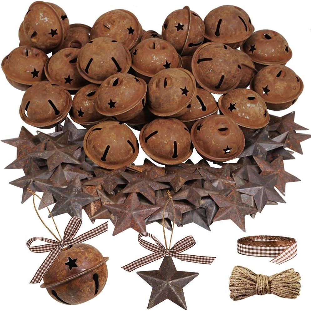 Winlyn 80 Pcs Rusty Metal Christmas Sleigh Bells Jingle Bells Rustic Craft Bell 1-1/2" and Dimensional Mini Rusted Metal Barn Stars with Jute Twine Plaid Ribbon for Christmas Tree Holiday Season Decor