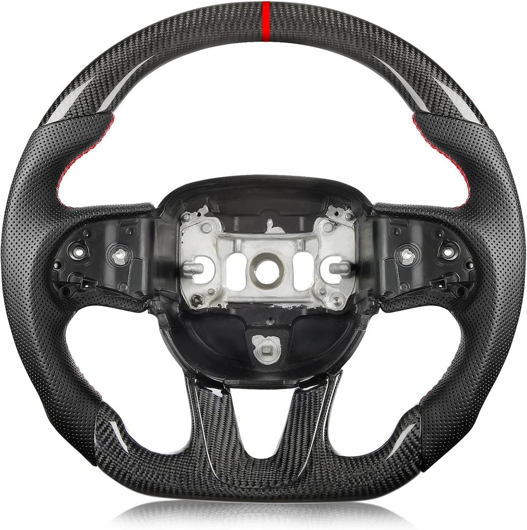 Steering Wheel for Dodge Charger for Dodge Challenger 2015-2024, 3K Real Carbon Fiber Steering Wheel D-shaped Flat-bottom Preforated Leather Grip (SXT/GT/RT/SRT/For Hellcat)