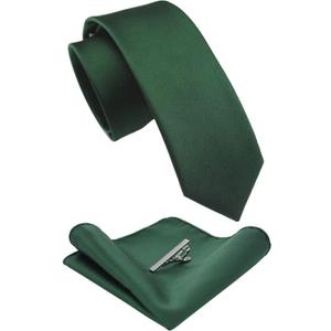 JEMYGINS 2.4" Solid Color Skinny Tie and Pocket Square with Tie Clip Sets for Men (6cm) (Dark Green)