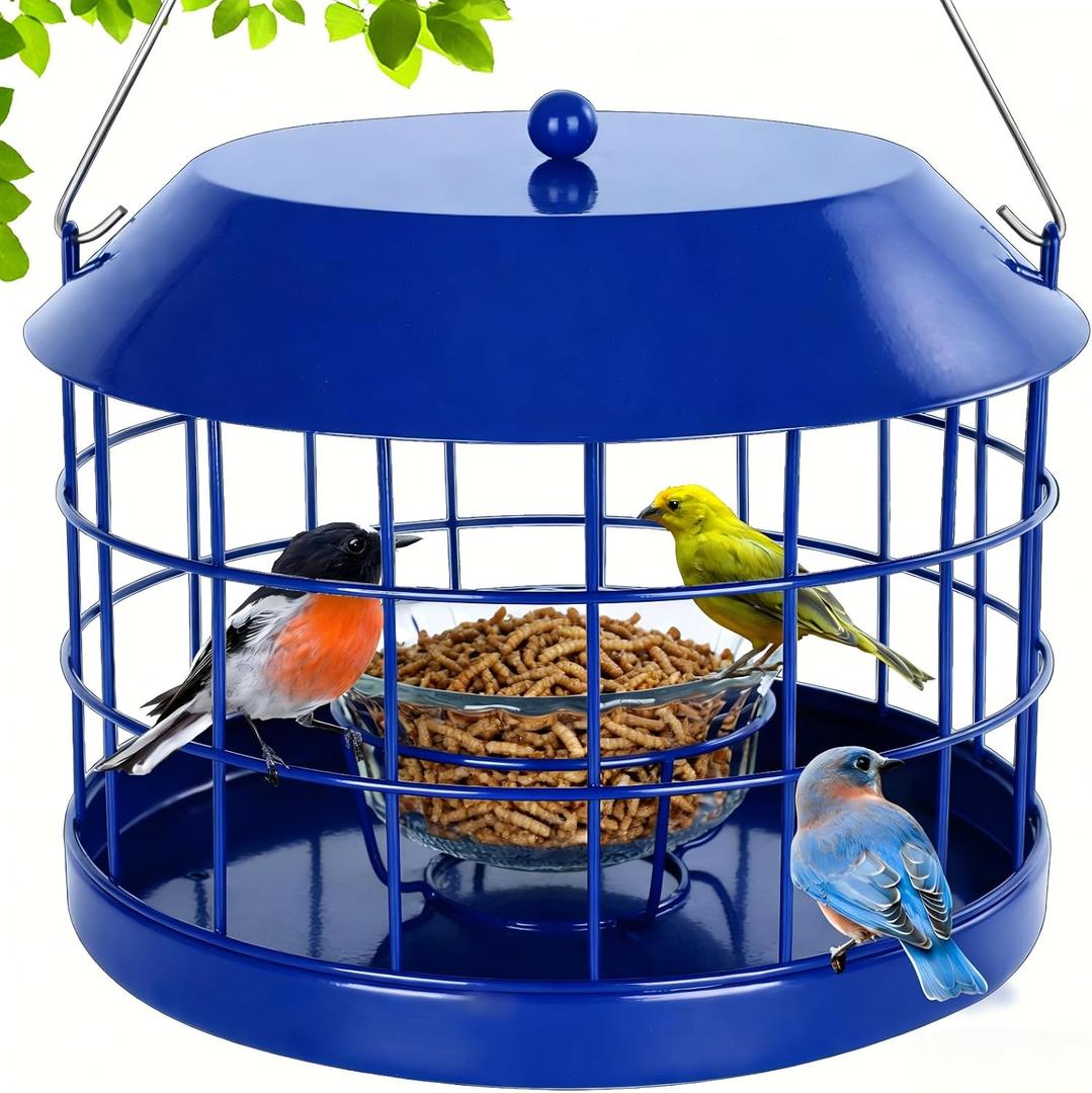 Gbekery Caged Bluebird Feeder for Mealworms with Glass Bowl, Squirrel Proof Bird Feeder for Small Birds Only, Detachable Hook, Large Space, Outdoors Weatherproof, Metal, Blue