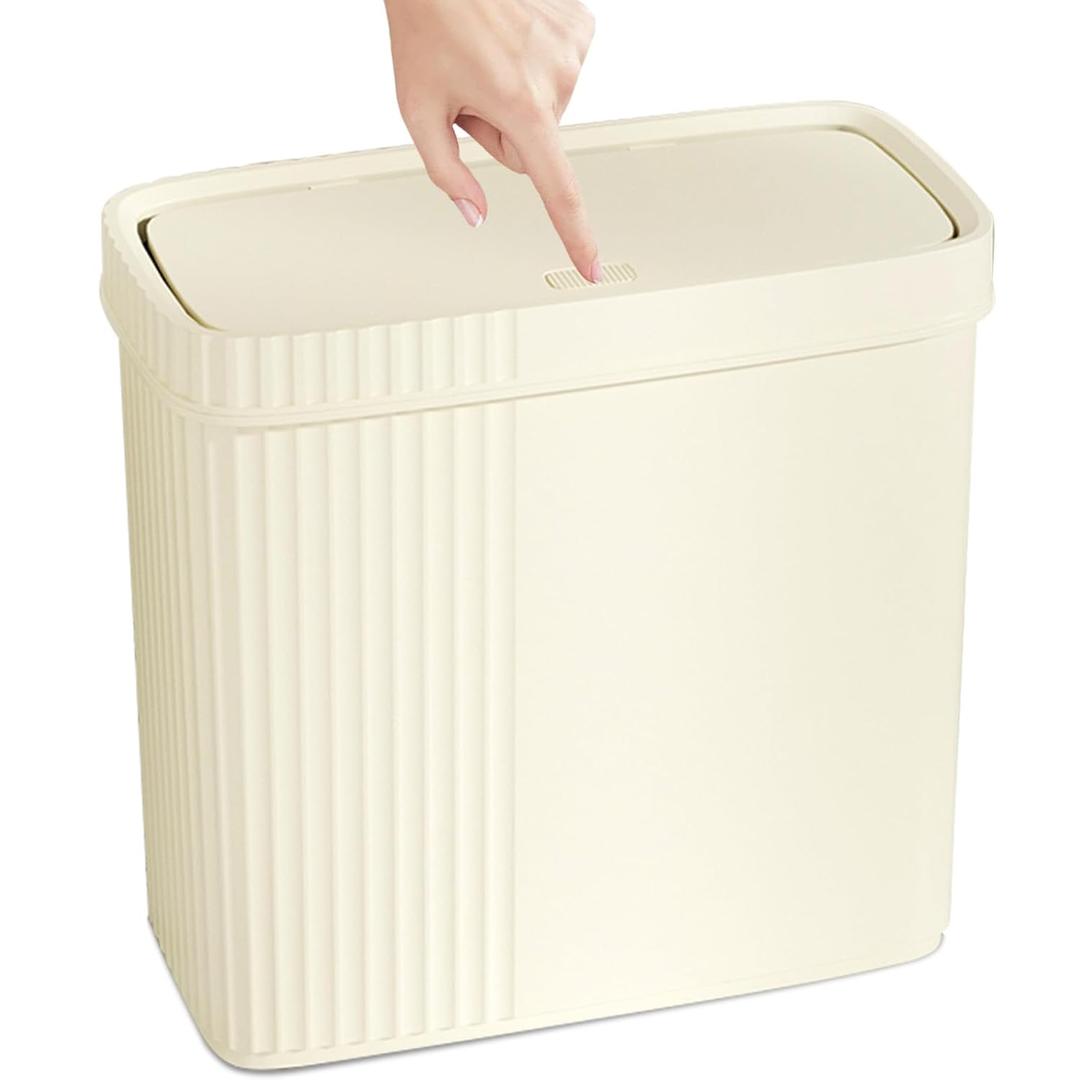 UUJOLY Small Bathroom Can with Lid Slim Wastebasket Garbage Can Plastic Container Basket Bin for Kitchen, Laundry Room, Office, Kids Room, Dorm, Beige, 2.4 Gallon