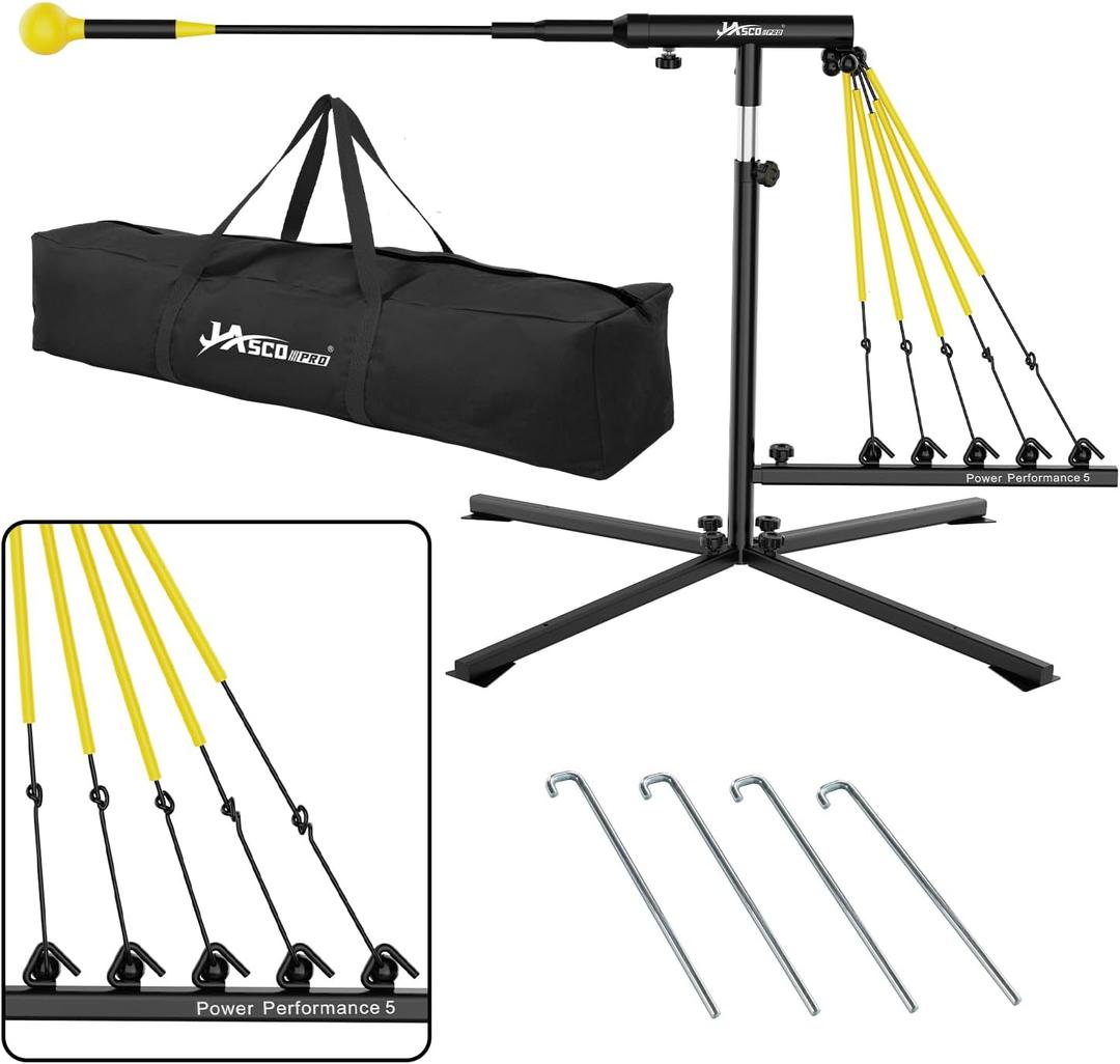 Baseball Swing Trainer with 5 Power Bands,Height Adjustable 31-47 inches Baseball Hitting Trainer, Auto Reset Baseball Training Equipment Softball Swing Trainer with Metal Stakes & Carry Bag