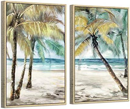 Abstract Palm Tree Paintings Framed: Tropical Seaside Coconut Tree Canvas Painting Golden Framed for Living Room (24''W x 36''H x 2 PCS, Multi-Sized)
