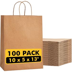 RACETOP 100 Pcs Kraft Shopping Bags 10x5x13 Inch Brown Paper Bags with Handles Bulk, Recycled Paper Gift Bag for Birthday Party Favors Grocery Retail Shopping Business (Large (Pack of 100))