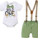 GRNSHTS Baby Boy Funny First Birthday Clothes Infant Boy Bow Tie Romper Bodysuit Cake Smash Outfits (Green, S)