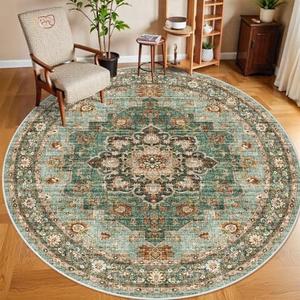 Washable Oriental Area Rug - 9ft Round Rugs for Living Room Soft Carpet for Bedroom Waterproof Floral Distressed Indoor Stain Resistant Non-Shedding Floor Carpets (Green, 9ft-Round)