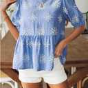 SweatyRocks Women's Floral Print Puff Sleeve Bow Blouses Summer Boho Ruffle Peplum Tops (Blue, S)