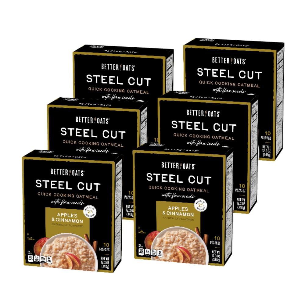 Better Oats Steel Cut Instant Oatmeal Packets, Apples and Cinnamon Flavor with Flax Seeds and Whole Grains, Quick-Cooking Breakfast, 12.3 OZ Box of 10 Pouches (Pack of 6) (EXP 09/03/26)