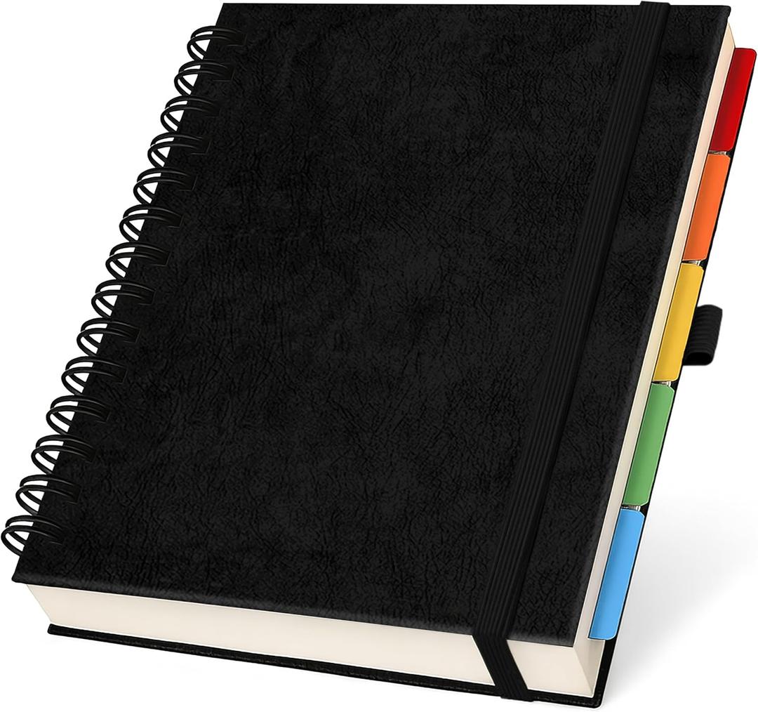 Hardcover Leather Lined Spiral Notebook 8x10" with Removable Dividers - Black - 300 Pages 5 Subject College Ruled Notebook for Work with Tabs, Pockets, and Pen Loop for Note Taking, Large Journal