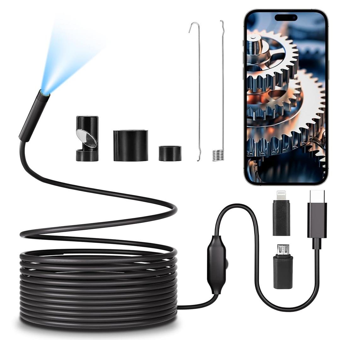Endoscope Camera with Light, 1920P HD Borescope, 8 Adjustable LED Light, IP67 Waterproof 16.4ft Snake Camera, Semi-Rigid Cable Inspection for Android, iOS