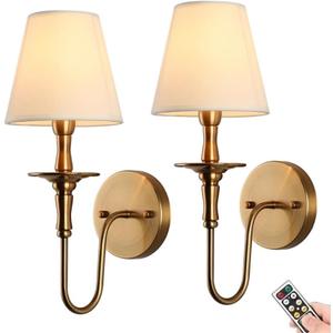Antique Wall Sconces Battery Operated Set of 2,No Wiring Rechargeable Wall Lights with Remote , Brass Vintage Fabric Shade Wall Lamp Fixtures Gold for Living Room Bedroom Hallway Farmhouse TV