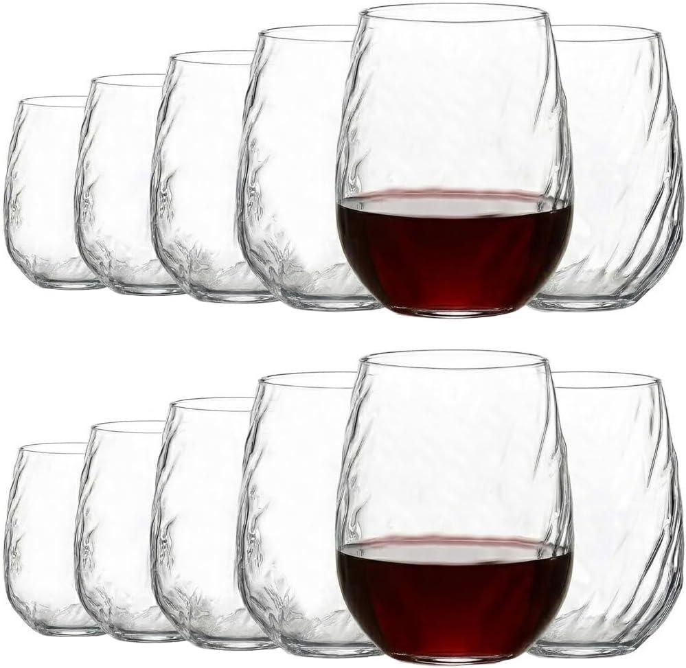 Stemless Wine Glasses Set of 12, 16.5 oz Rippled Texture Modern Glasses for Red & White Wine, Durable Glassware for Home, Bar, Party, and Daily Use (Rippled Texture)