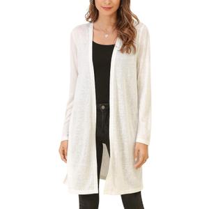 Woolicity Women's Long Cardigan Summer Lightweight Open Front Casual Long Sleeve Duster Trendy Thin Cardigan Sweaters (Medium, White)