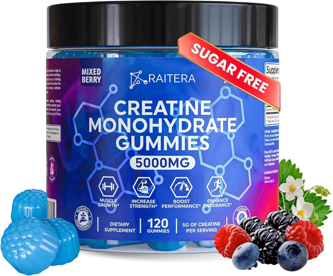 Creatine Monohydrate Gummies 5000mg for Men and Women, Only 3 Gummies Per Serving, Vegan Creatine Chews for Muscle Growth, Muscle Endurance, Workout Recovery, Zero Sugar, Easy to Digest, No Bloating, EXP Date: 11/21/2026