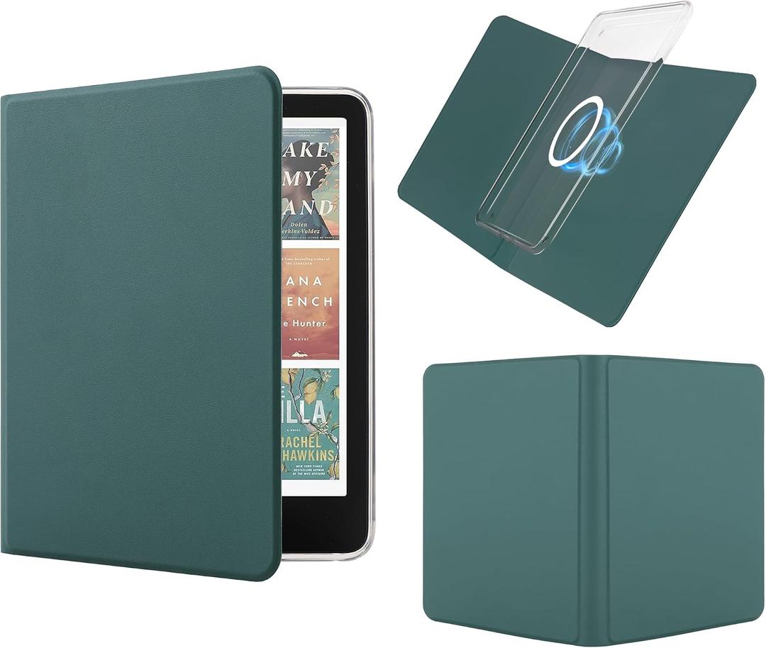Magnetic Detachable Book Cover Case for 7" Kindle Paperwhite 12th Gen 2024 and Kindle Colorsoft Signature Edition, PU Leather Case and Clear TPU Cover with Auto Wake/Sleep, Blackish Green