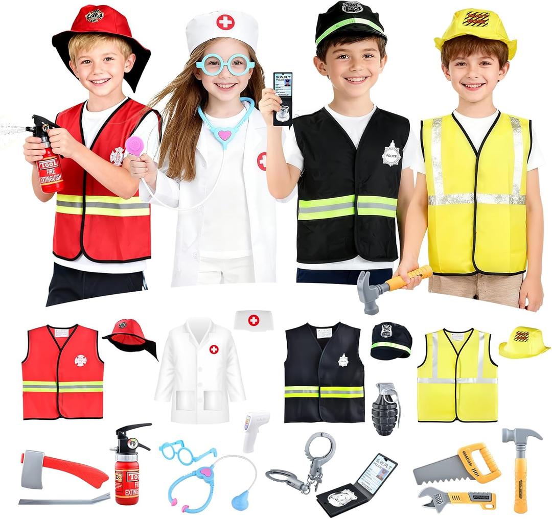 Dress Up Costumes for Play, 27Pcs Kids Role Play Dress Up Toys Set with Fireman, Police, Doctor, Construction Engineer Costume, Toddler Clothes for Halloween Party Gift for 3-7 Years Old