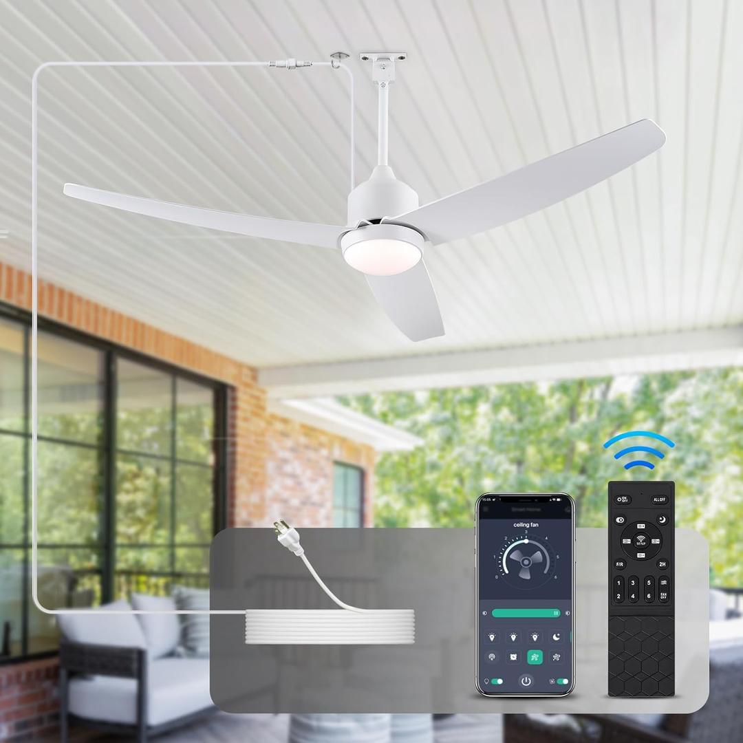 BZX Waterproof Outdoor Ceiling-Fan with Light - 52" Modern Ceiling Fans with 3 Colors LED Light, App & Remote Control, Quiet DC Motor, for Patios Gazebo, White