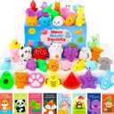 Squishy Toys, 28 Pack Squishies and Cards Party Favors for Kids 4-8 8-12 Treasure Box Classroom Prizes Mochi Squishy Cat Fidget Toys Stress Relief Goodie Bags Easter Basket Stuffers Birthday Gifts