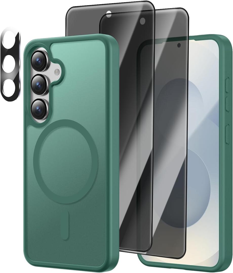 [4 in 1] Magnetic for Samsung Galaxy S25 Case, 2 Pics Privacy Screen Protectors and 1 Pic Camera Protector, Fit for MagSafe, Military Grade Shockproof Translucent Matte Galaxy S25 Cover 6.2, Green