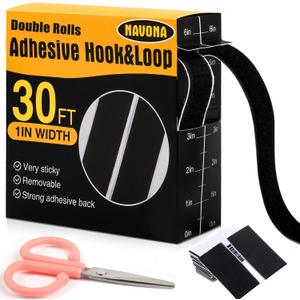 Navona 30Ft x 1 Inch Hook and Loop Strips with Adhesive, Double Rolls of Heavy Duty Self Adhesive Tape with Backing, Nylon Self Adhesive Tape for Home Office School and Crafting, Black