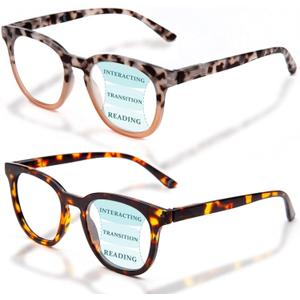LianSan 2 Packs Progressive Multifocus Reading Glasses for Women - Ladies Near and Far Blue Light Blocking Computer Readers(Tortoise for 3ft, 2.50x)