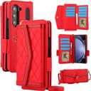 for Samsung Galaxy Z Fold 7 Wallet Case - Stitching Pattern RFID Blocking Card Holder, S Pen Slot Crossbody Strap, Full Body Protection Flip Cover for Women Red