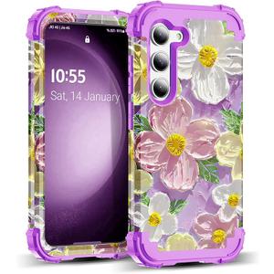 for Galaxy S23 Plus Case,3 in 1 Oil Painting Flower Pattern Heavy Duty Shockproof Protection Silicone Rubber Bumper+Hard Plastic Protective Cover for Samsung S23 Plus 6.6",Purple/Pink