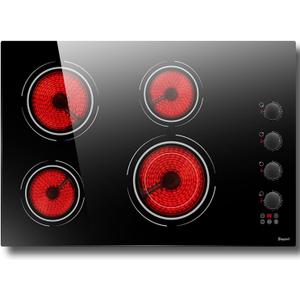30 Inch Electric Cooktop 4 Burner - Built-in(29.13"x19.3") Ceramic Stove 6700W, 30" Radiant Electric Cooktop with Timer, Safety Lock, Pause, Dual Ring, 220V - 240V Hard Wired (Black Knob), 30.3" x 20.5"