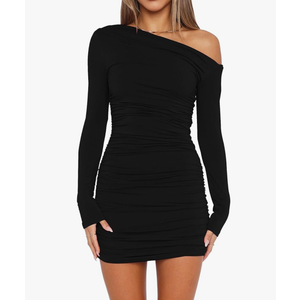 Mokoru Women's Sexy Elegant Off Shoulder Long Sleeve Ruched Bodycon Cocktail Party Mini Dresses M
