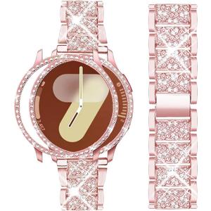 Mosonio Compatible with Samsung Galaxy Watch 8/7/6 Bands 40mm/44mm, 20mm Bling Metal Bands with Bling Protective Cover Case for Women, Shiny Watch Replacement Strap for Daily Wear (Rose Pink)