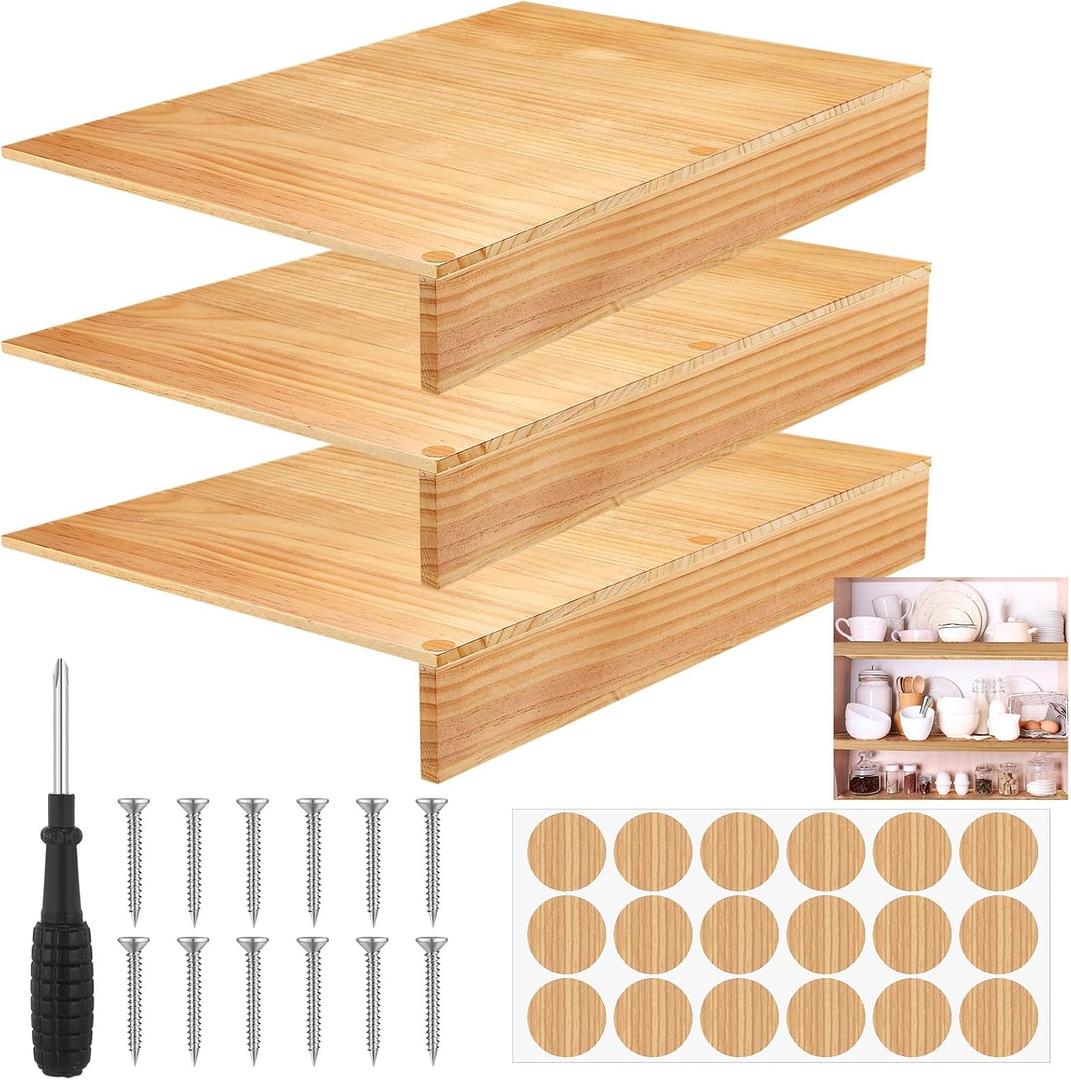 Hoolerry 3 Sets Wire Shelf Covers Wood Wire Rack Covers for Shelving Pantry Closet Removable Closet with 18 Grain Stickers for Pantry Home and Kitchen Organization(24 x 16 Inch,Wood Color)