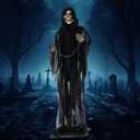 Haunted Hill Farm Life-Size Scary Grim Reaper with Chain, Halloween Animatronic with Touch Activated Lights and Sounds, Battery Operated Indoor or Covered Outdoor Halloween Decorations, Halloween Prop, 65"