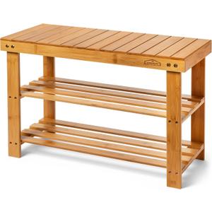 Bamboo 3 Tier Shoe Rack Bench, Premium Shoe Organizer or Entryway Bench, Perfect for Shoe Cubby, Entry Bench, Bathroom Bench, Entryway Organizer, Hallway or Living Room, Small