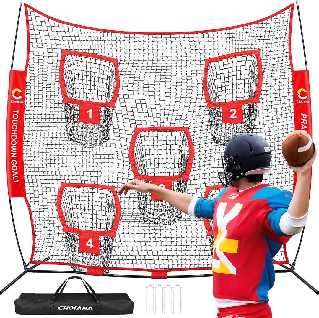 Football Throwing Net, Quarterback Training Equipment w/ 5 Target Pockets, Football Practice Training Target Net to Improve QB Throwing Accuracy, w/Carry Bag & Stakes for Kids Adults, Red