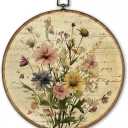 TLESKE Vintage Floral Flower Round Wall Art Decor Framed 10x10, Wildflower Botanical Canvas Wall Art Prints Artwork, Beige Wildflower Wall Hanging Room Door Decor for Bedroom Living Room