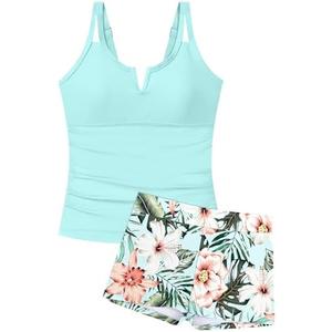 TyeSmo Girls Swimsuit V-Neck Cutout Tankini Tropical Print Swimwear with Shorts 2 Piece Bathing Suit for Girlssi 11-12 Y