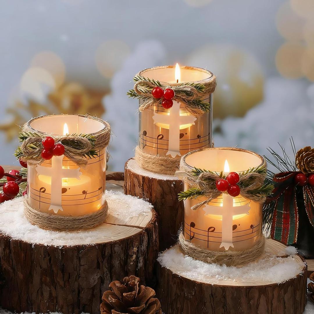 Funnymoom 6 Pcs Christmas Votive Candle Holders with Snowy and Red Berry Pine Leaves Xmas Music Note Glass Tealight Holders for Table Centerpiece Fireplace Home Ornaments Wedding Party Indoor Decor