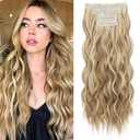 REECHO Clip in Hair Extensions, 4PCS Hair Extensions 24" Thick Long Beach Waves hair extensions HE003 Invisible Lace Weft Medium Blonde with Blonde Highlights
