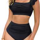 Arolina Womens High Waisted Bikini Sets Full Coverage Ruffle Swimsuits Two Piece Tummy Control Cheeky Bathing Suit (Black, L)