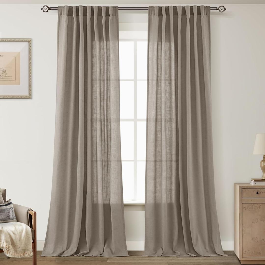 Taupe Linen Curtains 84 inches Long for Living Room Back Tab Rustic Farmhouse Semi Sheer Light Filtering Window Curtain Dining Room Soft Thick Flax Linen Textured Drapes Light Brown