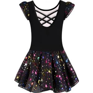 DANSHOW Ballet Leotards for Girls Dance Skirted Leotard Kids Ballet Tutu Dress Toddler Shiny Ruffle Sleeve Dancewear (6-7 Years, Black Rainbow)